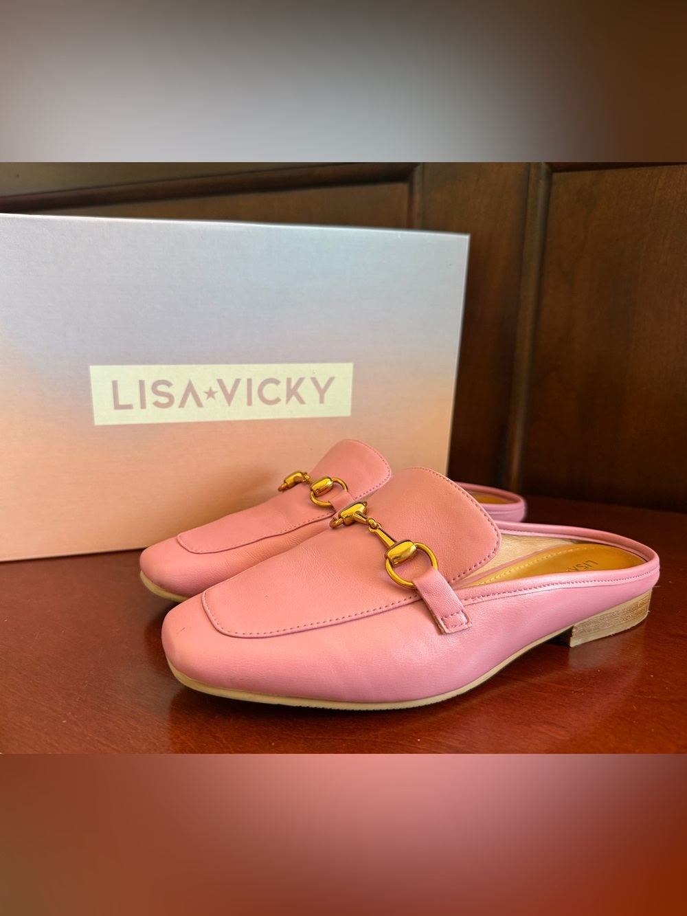 Lisa Vicky Pink Leather Backless Mules with Gold Horsebit